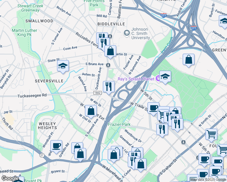 map of restaurants, bars, coffee shops, grocery stores, and more near 1414 West Trade Street in Charlotte