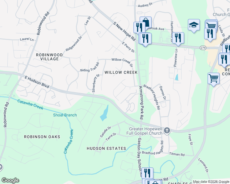 map of restaurants, bars, coffee shops, grocery stores, and more near 1054 Black Oak Drive in Gastonia