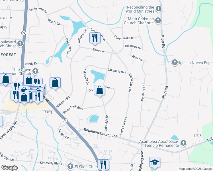 map of restaurants, bars, coffee shops, grocery stores, and more near 7010 Lakeside Drive in Charlotte