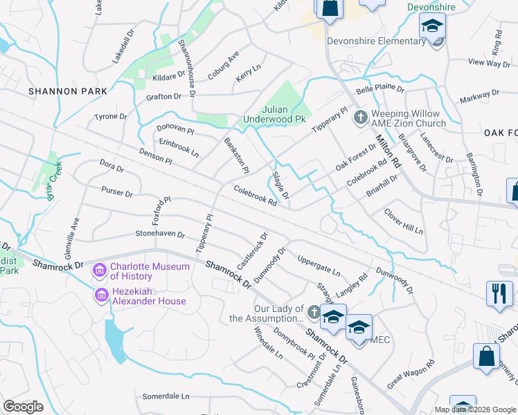 map of restaurants, bars, coffee shops, grocery stores, and more near 4115 Foxford Place in Charlotte