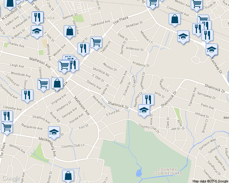 map of restaurants, bars, coffee shops, grocery stores, and more near 1532 Downs Avenue in Charlotte