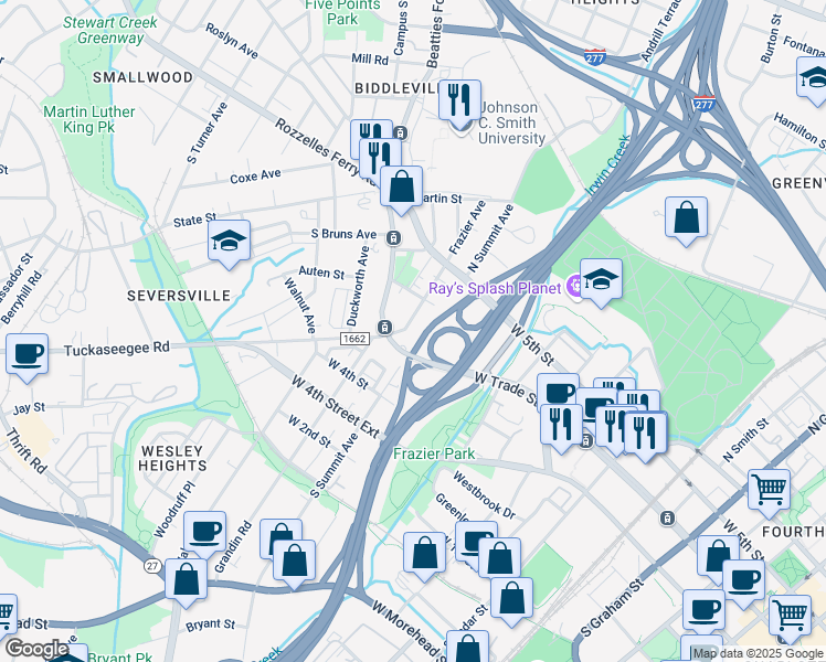 map of restaurants, bars, coffee shops, grocery stores, and more near 1414 West Trade Street in Charlotte