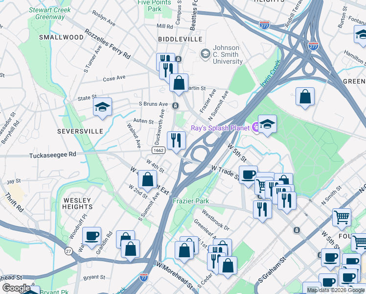 map of restaurants, bars, coffee shops, grocery stores, and more near in Charlotte