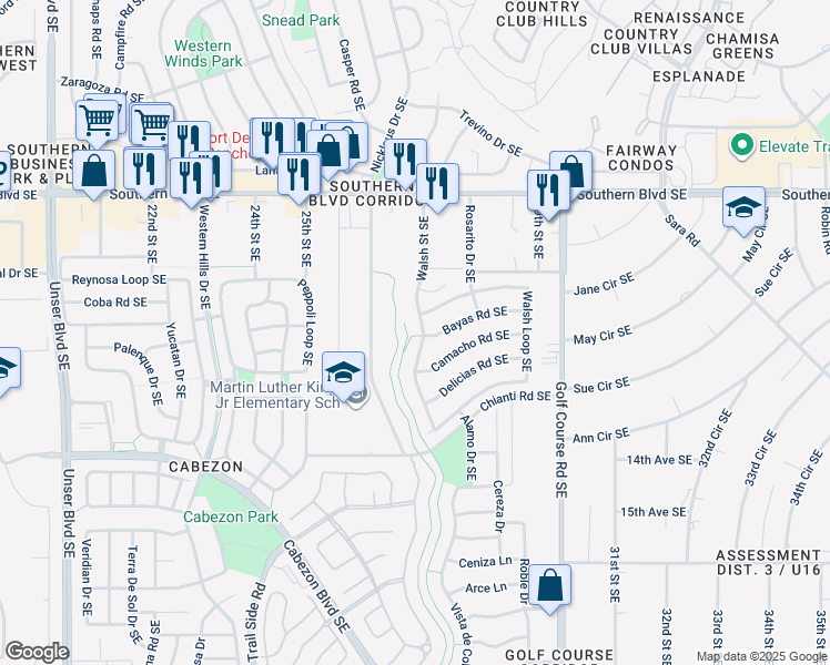 map of restaurants, bars, coffee shops, grocery stores, and more near 1229 Walsh Street Southeast in Rio Rancho