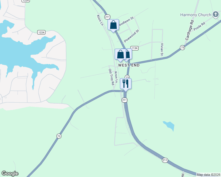 map of restaurants, bars, coffee shops, grocery stores, and more near 4267 North Carolina 73 in West End