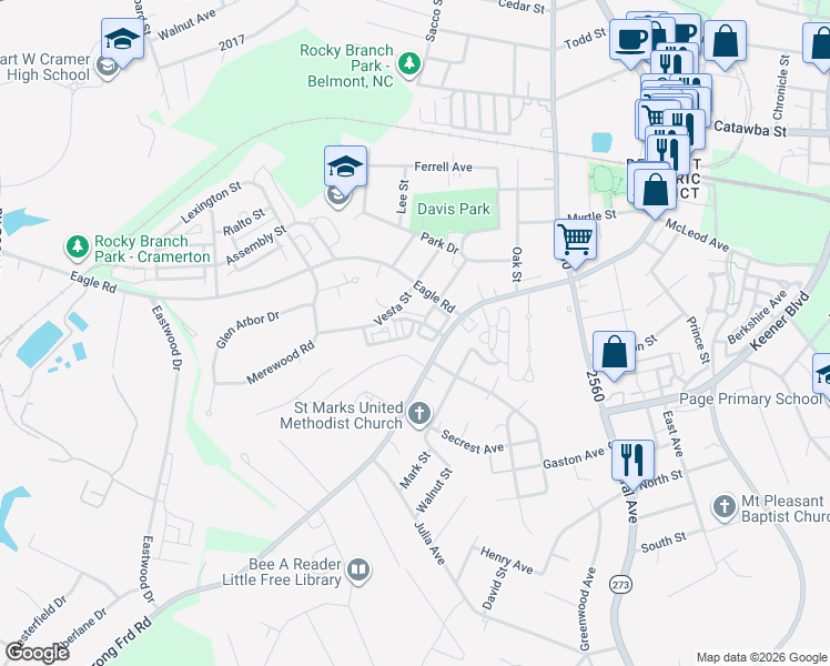 map of restaurants, bars, coffee shops, grocery stores, and more near 200 Dogwood Lane in Belmont
