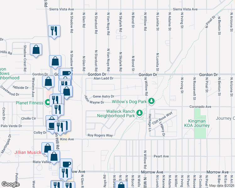 map of restaurants, bars, coffee shops, grocery stores, and more near 3905 Walleck Ranch Drive in Kingman