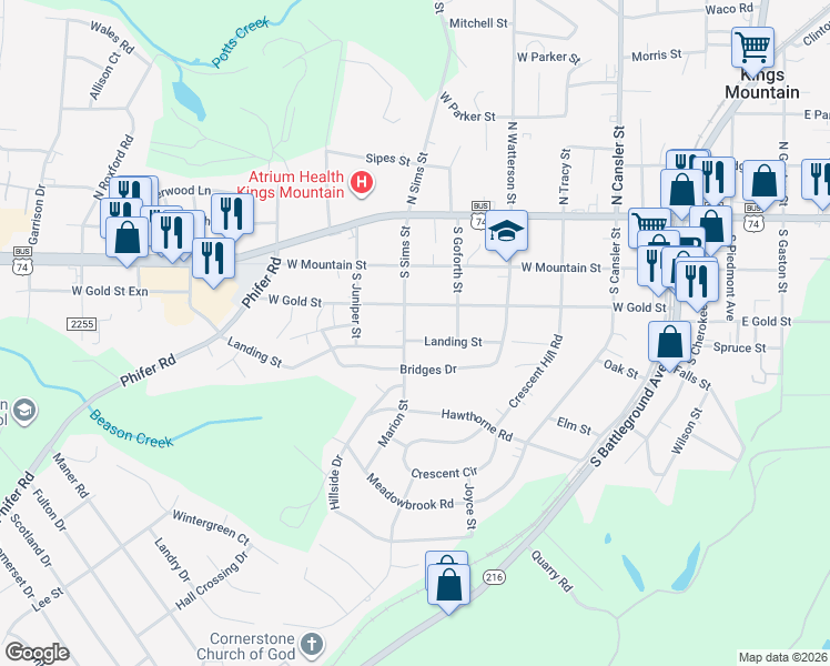map of restaurants, bars, coffee shops, grocery stores, and more near 606 Bridges Drive in Kings Mountain