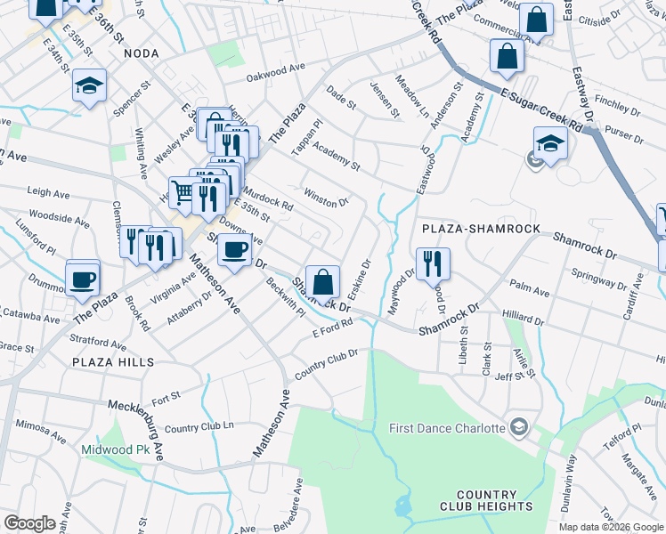 map of restaurants, bars, coffee shops, grocery stores, and more near 1532 Downs Avenue in Charlotte