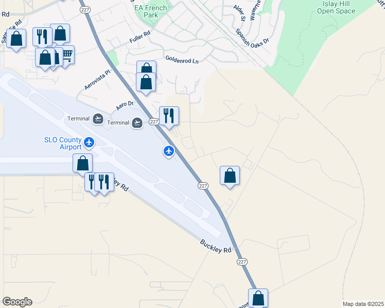 map of restaurants, bars, coffee shops, grocery stores, and more near 1060 Kendall Road in San Luis Obispo