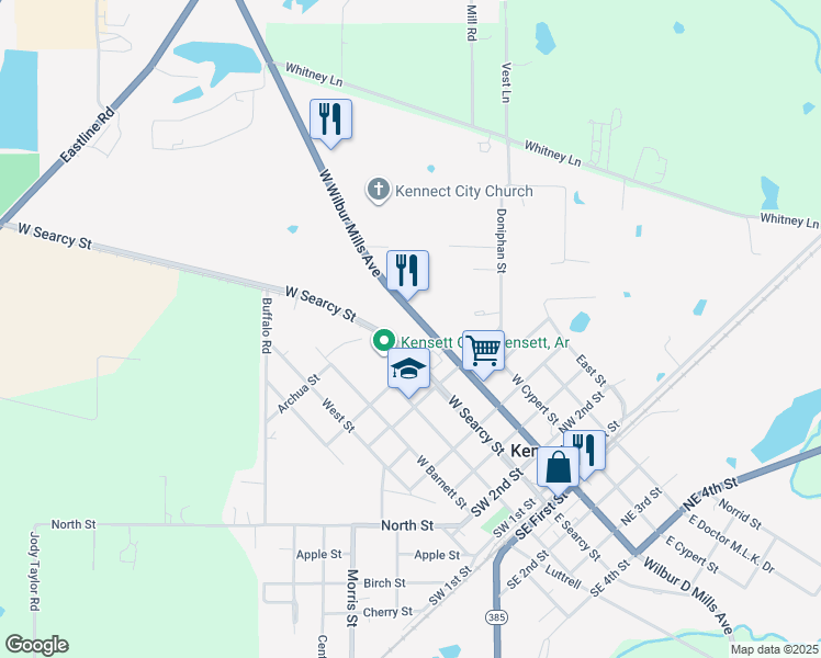 map of restaurants, bars, coffee shops, grocery stores, and more near 900 West Wilbur Mills Avenue in Kensett