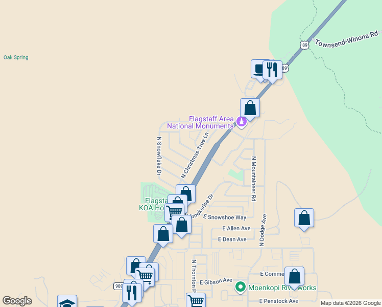 map of restaurants, bars, coffee shops, grocery stores, and more near 3 Saint Nicholas Circle in Flagstaff