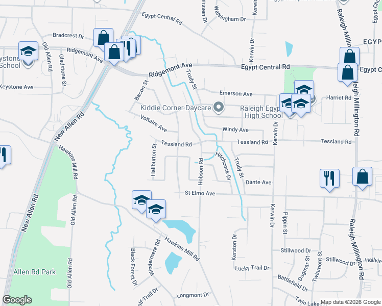 map of restaurants, bars, coffee shops, grocery stores, and more near 3710 Tessland Road in Memphis
