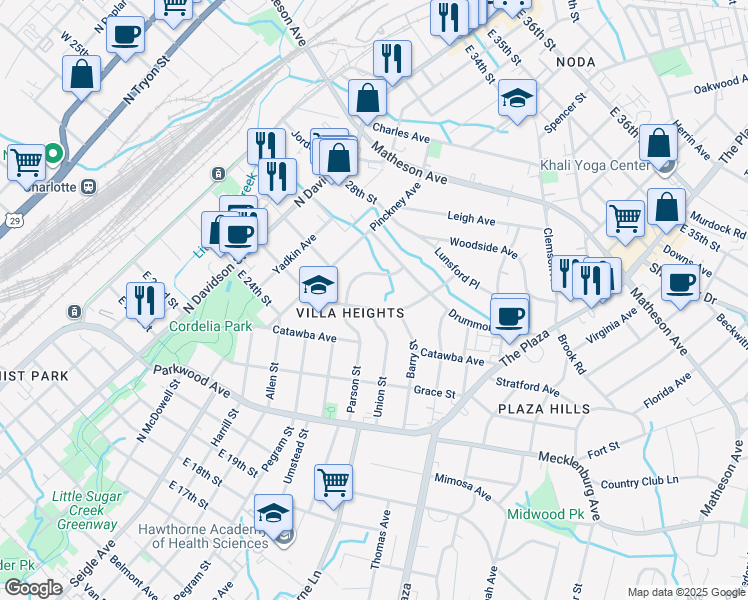 map of restaurants, bars, coffee shops, grocery stores, and more near 2128 Parson Street in Charlotte