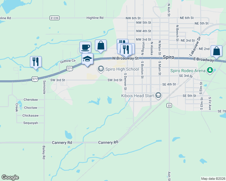 map of restaurants, bars, coffee shops, grocery stores, and more near 514 Southwest 3rd Street in Spiro