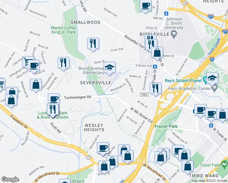 map of restaurants, bars, coffee shops, grocery stores, and more near in Charlotte