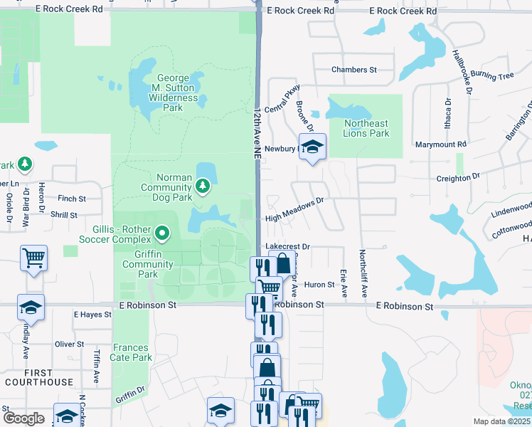 map of restaurants, bars, coffee shops, grocery stores, and more near 1616 High Circle in Norman