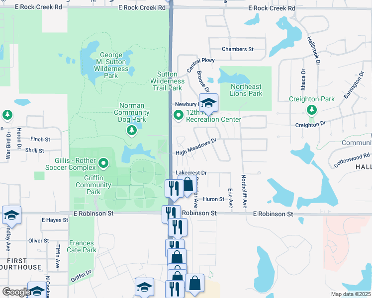 map of restaurants, bars, coffee shops, grocery stores, and more near 1628 High Circle in Norman