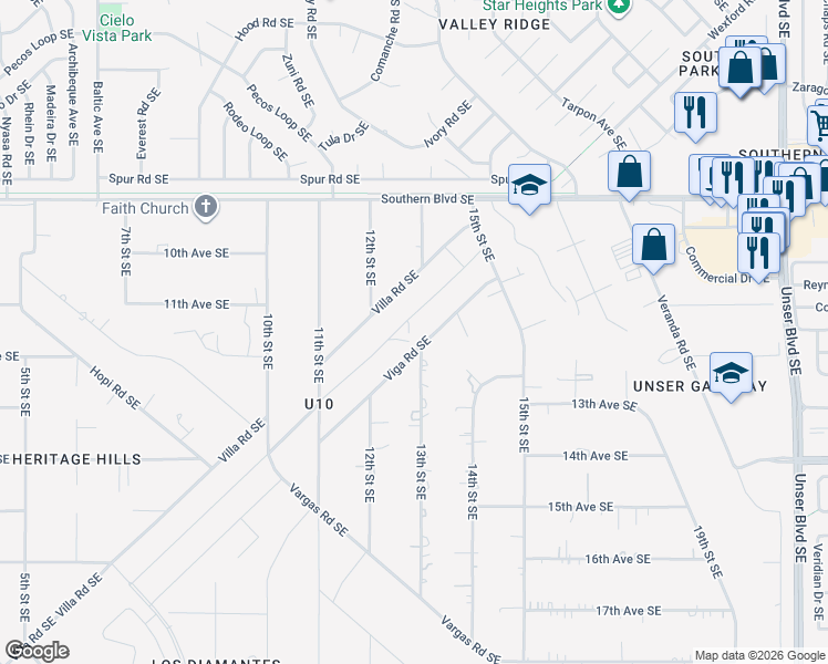 map of restaurants, bars, coffee shops, grocery stores, and more near 1210 Villa Road Southeast in Rio Rancho