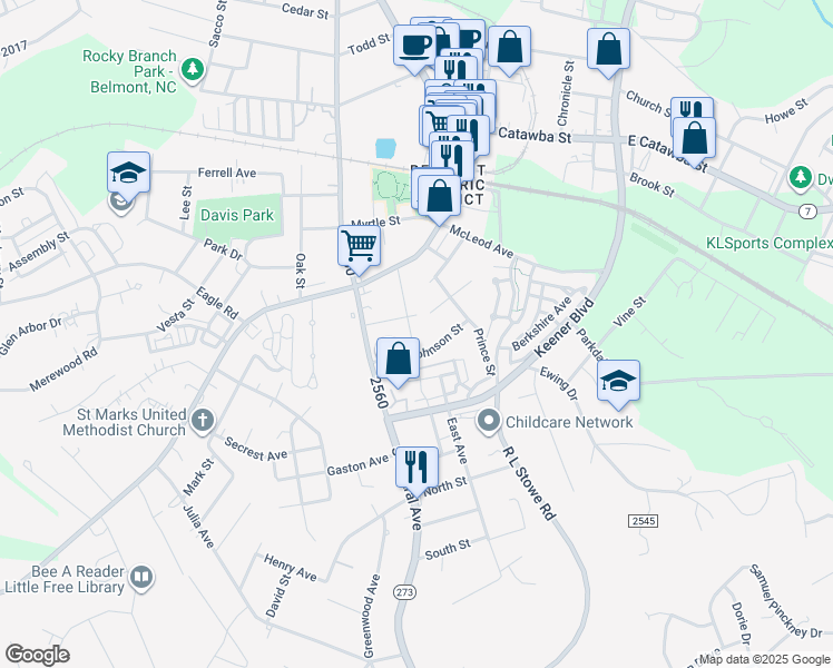 map of restaurants, bars, coffee shops, grocery stores, and more near 109 Poplar Street in Belmont