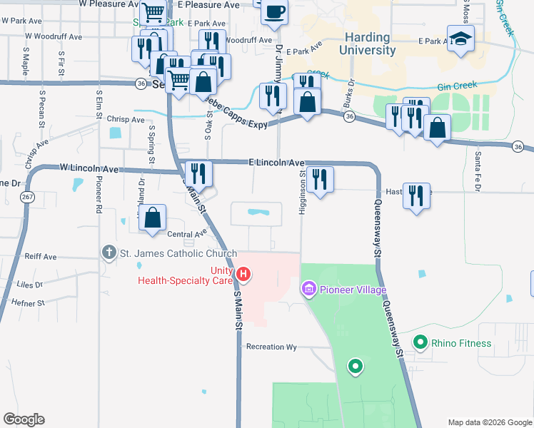 map of restaurants, bars, coffee shops, grocery stores, and more near 409 East Lincoln Avenue in Searcy