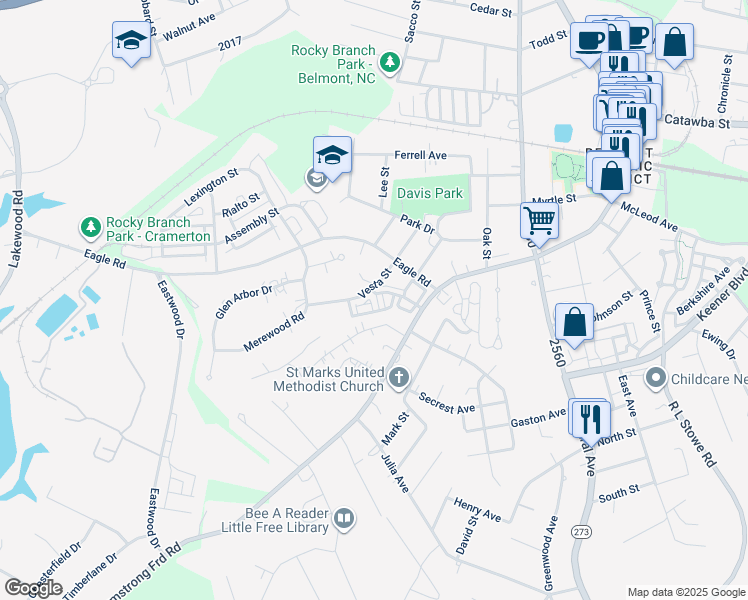 map of restaurants, bars, coffee shops, grocery stores, and more near 304 Rosemont Row in Belmont