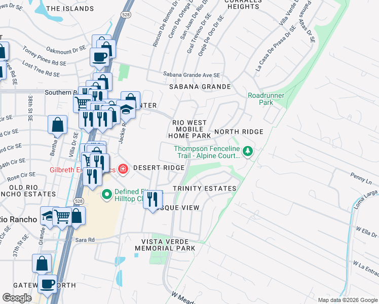 map of restaurants, bars, coffee shops, grocery stores, and more near 1355 Meadowlark Lane Southeast in Rio Rancho