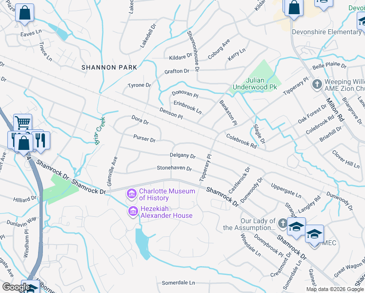 map of restaurants, bars, coffee shops, grocery stores, and more near 3901 Foxford Place in Charlotte