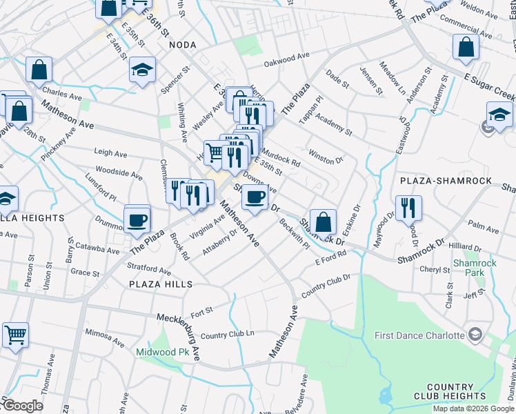 map of restaurants, bars, coffee shops, grocery stores, and more near 1337 Shamrock Drive in Charlotte