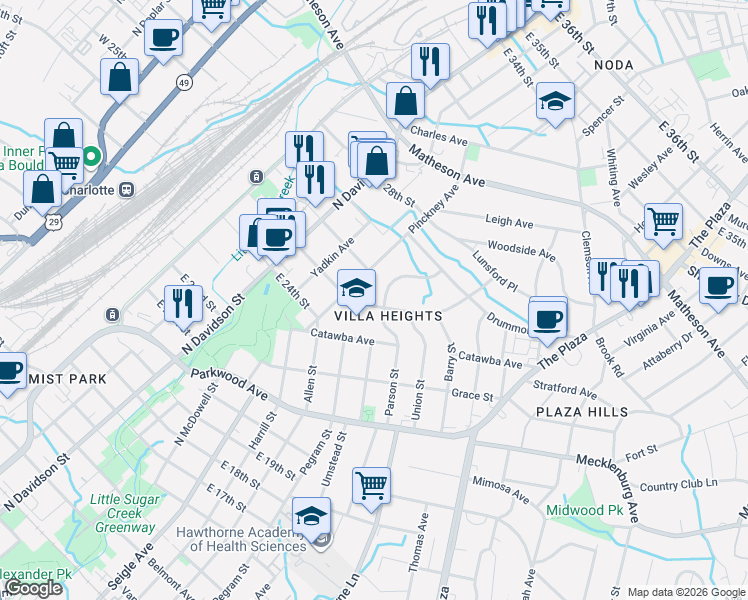 map of restaurants, bars, coffee shops, grocery stores, and more near 2222 Pickney Avenue in Charlotte