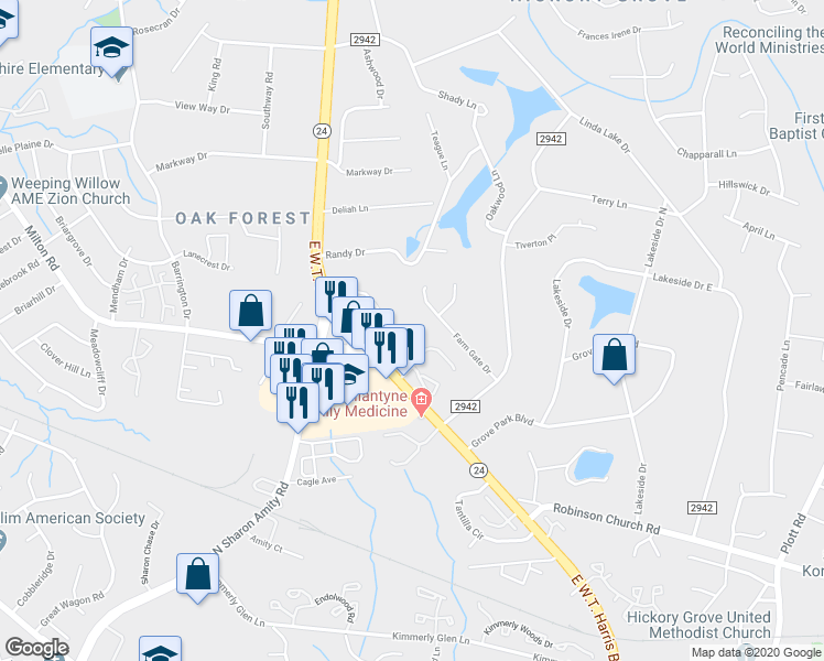 map of restaurants, bars, coffee shops, grocery stores, and more near 6131 Meadow Rose Lane in Charlotte