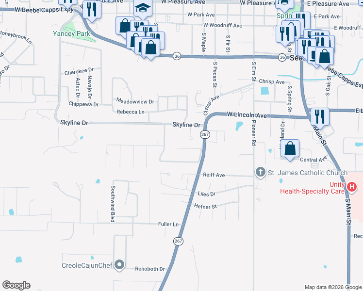 map of restaurants, bars, coffee shops, grocery stores, and more near 803 Skyline Drive in Searcy