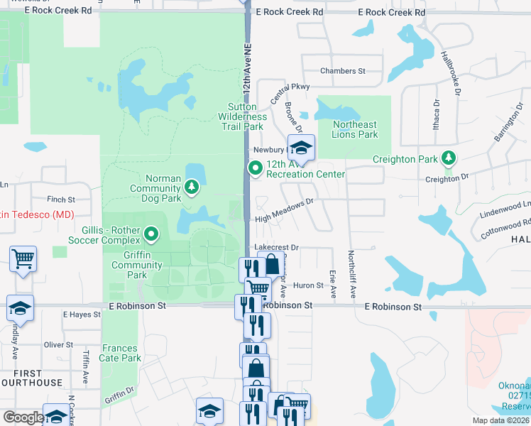 map of restaurants, bars, coffee shops, grocery stores, and more near 1641 High Circle in Norman