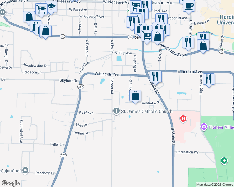 map of restaurants, bars, coffee shops, grocery stores, and more near 1012 1/2 Pioneer Road in Searcy