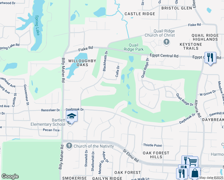 map of restaurants, bars, coffee shops, grocery stores, and more near 6134 Scottscraig Cove in Bartlett
