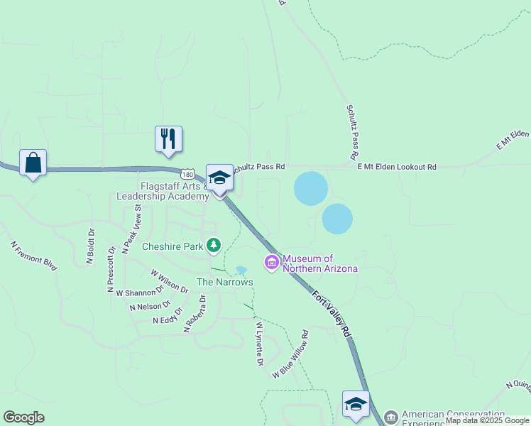 map of restaurants, bars, coffee shops, grocery stores, and more near 3344 North Estates Street in Flagstaff