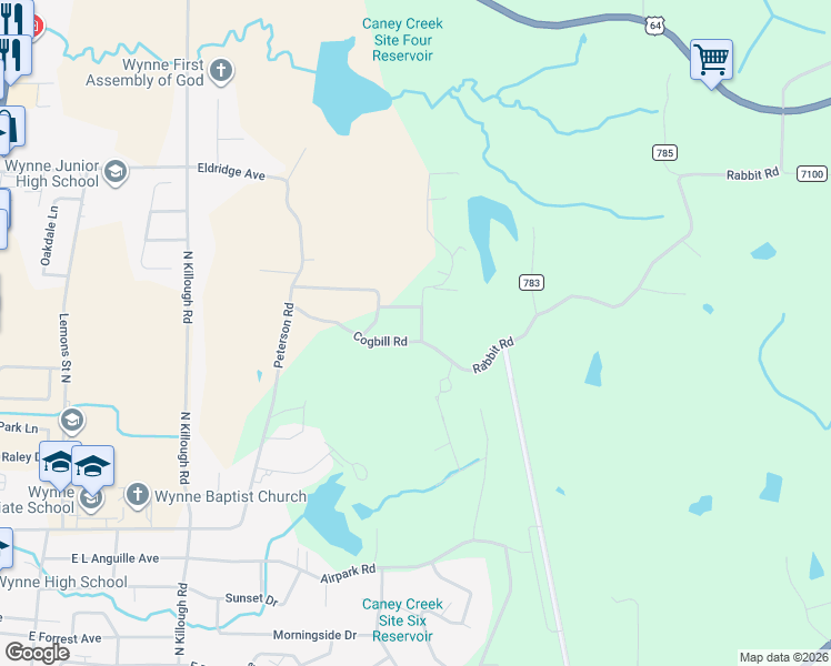 map of restaurants, bars, coffee shops, grocery stores, and more near 1909 Heath Lane in Wynne