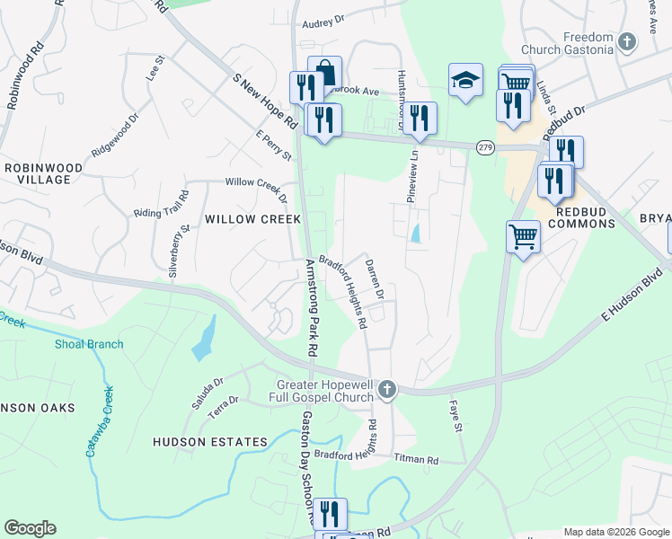 map of restaurants, bars, coffee shops, grocery stores, and more near 2103 2nd Street in Gastonia