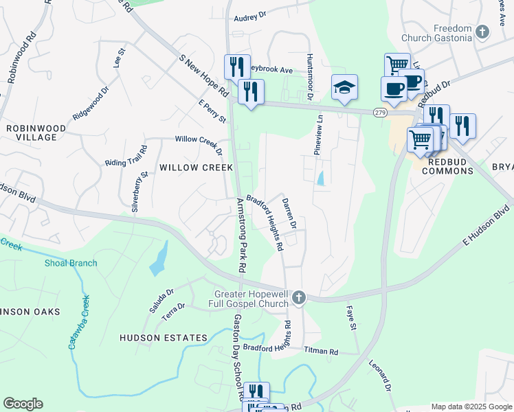 map of restaurants, bars, coffee shops, grocery stores, and more near 2103 2nd Street in Gastonia