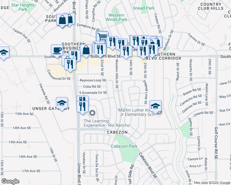 map of restaurants, bars, coffee shops, grocery stores, and more near 1200 Reynosa Loop Southeast in Rio Rancho
