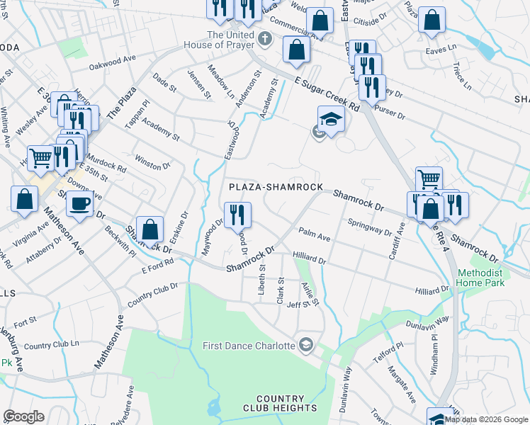 map of restaurants, bars, coffee shops, grocery stores, and more near in Charlotte