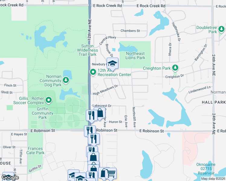 map of restaurants, bars, coffee shops, grocery stores, and more near 1417 High Meadows Drive in Norman