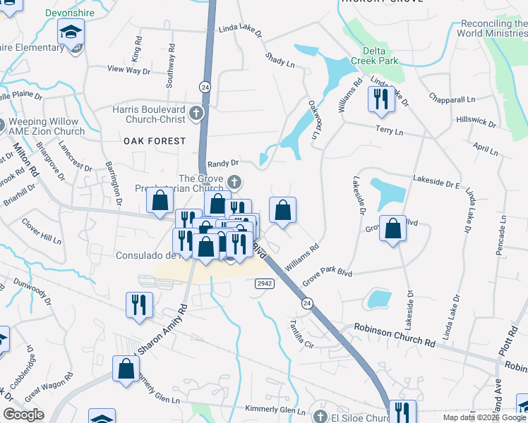 map of restaurants, bars, coffee shops, grocery stores, and more near 7617 Farm Gate Drive in Charlotte