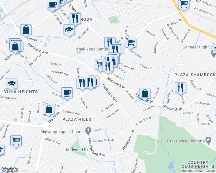 map of restaurants, bars, coffee shops, grocery stores, and more near 3100 The Plaza in Charlotte