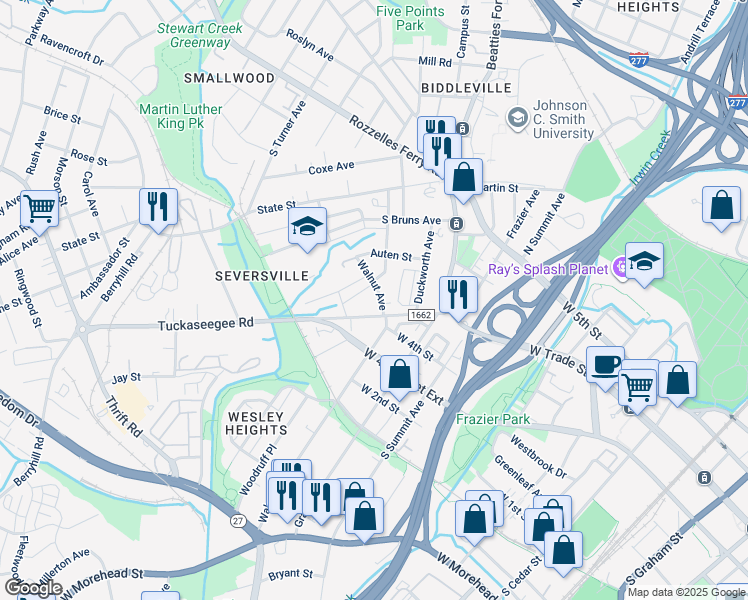 map of restaurants, bars, coffee shops, grocery stores, and more near 200 Walnut Avenue in Charlotte