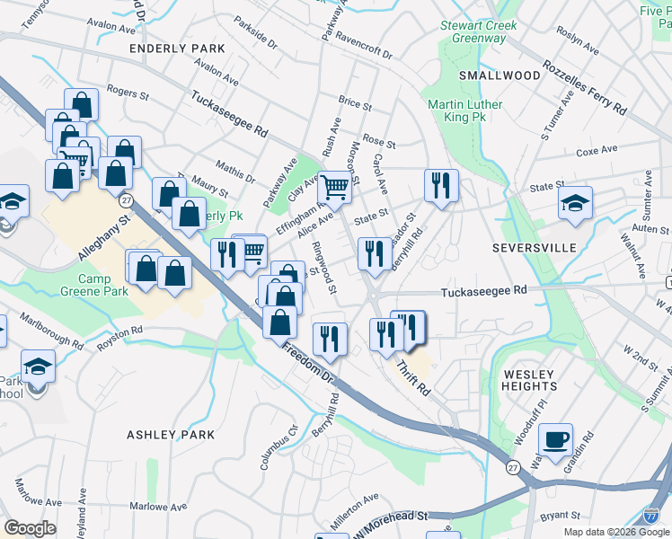map of restaurants, bars, coffee shops, grocery stores, and more near 2612 Ringwood Street in Charlotte