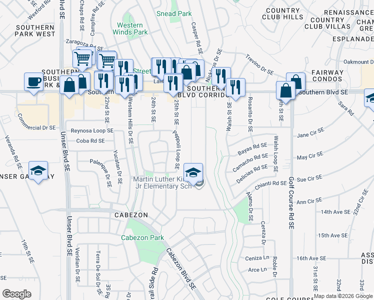 map of restaurants, bars, coffee shops, grocery stores, and more near 1029 26th Street Southeast in Rio Rancho