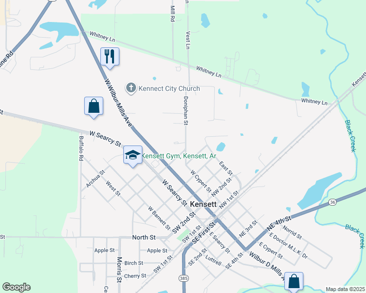 map of restaurants, bars, coffee shops, grocery stores, and more near 600 Doniphan Street in Kensett