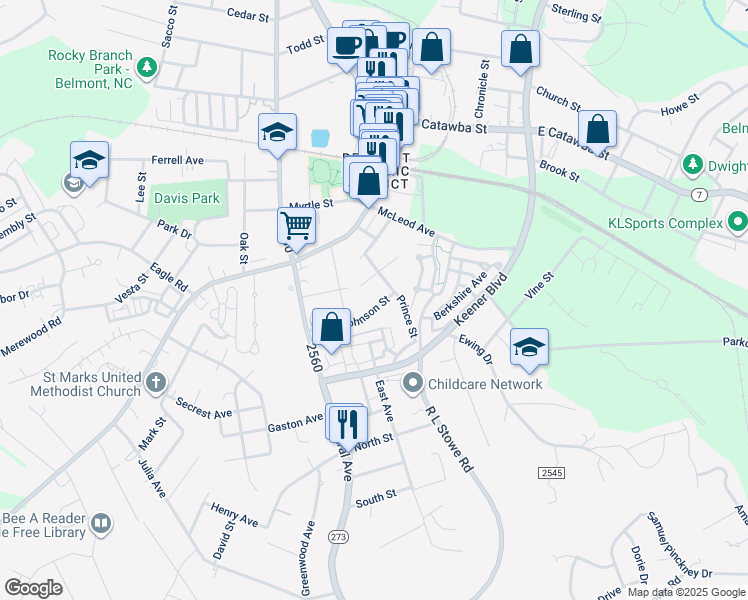 map of restaurants, bars, coffee shops, grocery stores, and more near 12 Johnson Street in Belmont