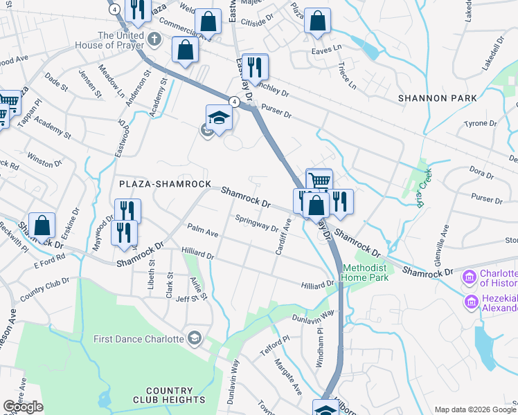 map of restaurants, bars, coffee shops, grocery stores, and more near 2735 Shamrock Drive in Charlotte